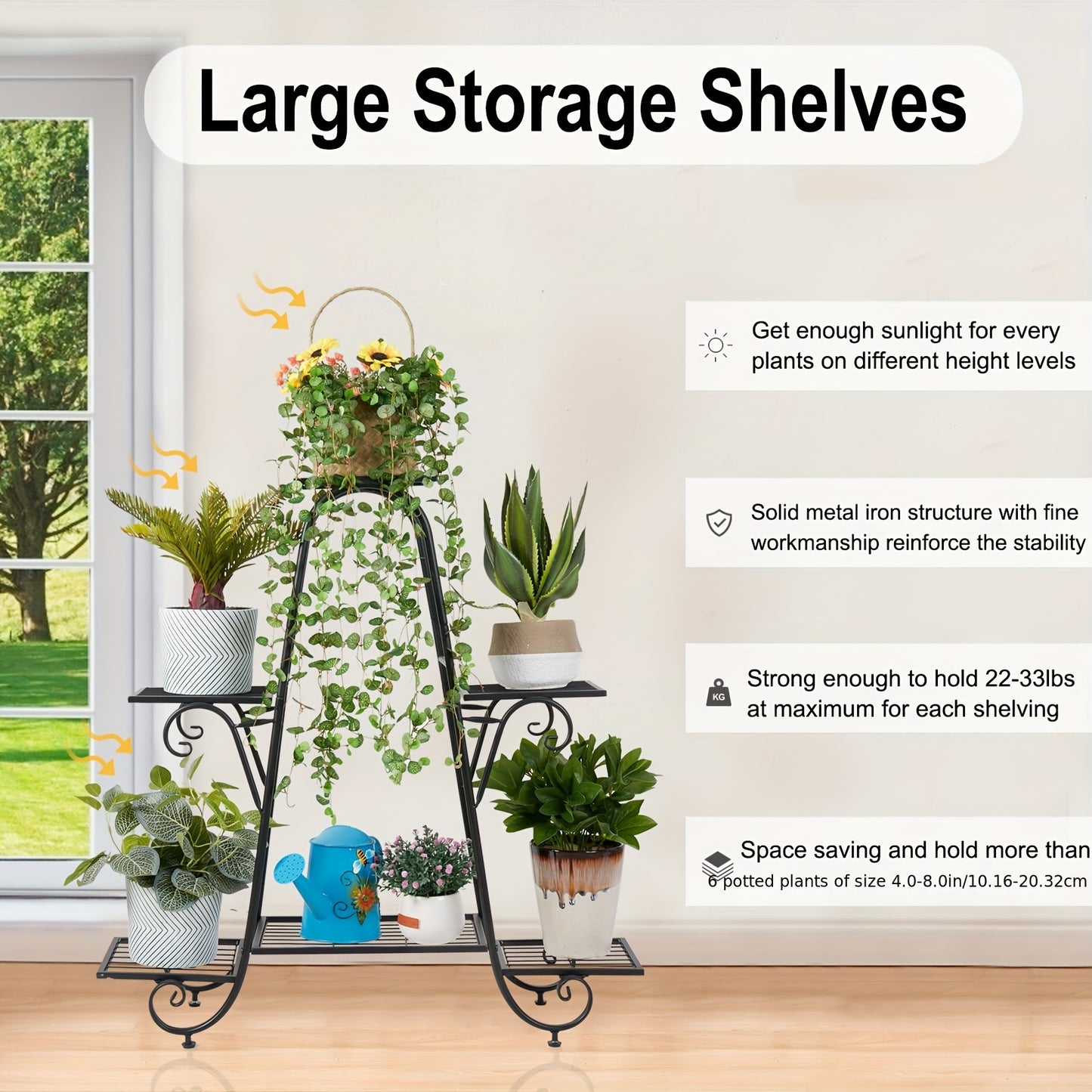 6 Tier Metal Plant Stand - Space-Saving Multi-Plant Display Rack - Sturdy Black Flower Pot Holder for Home and Patio Decor