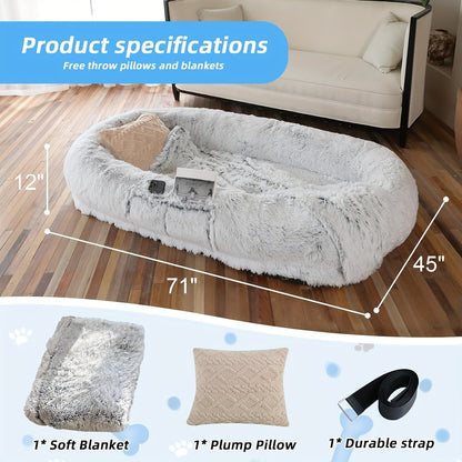 Human Dog Bed - 71''x45''x12'' Washable Faux Fur Bed for People & Pets, Orthopedic Napping Pillow with Blanket and Strap, Grey