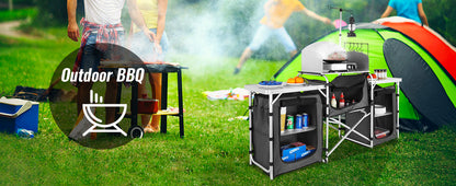 VEVOR Foldable Camping Kitchen Table – Outdoor Cooking Cabinet with Storage Rack & X-Shaped Aluminum Alloy Frame for BBQ & Picnic