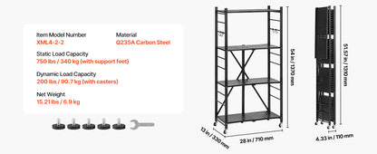 SucceBuy 3-6 Tier Black Foldable Storage Rack — Wheeled Metal Shelving Organizer for Garage & Kitchen