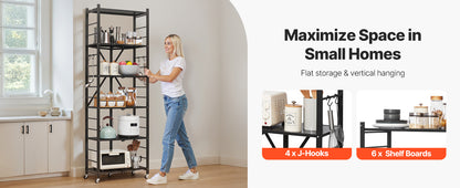 SucceBuy 3-6 Tier Black Foldable Storage Shelf — Wheeled Metal Rack Organizer for Kitchen & Garage