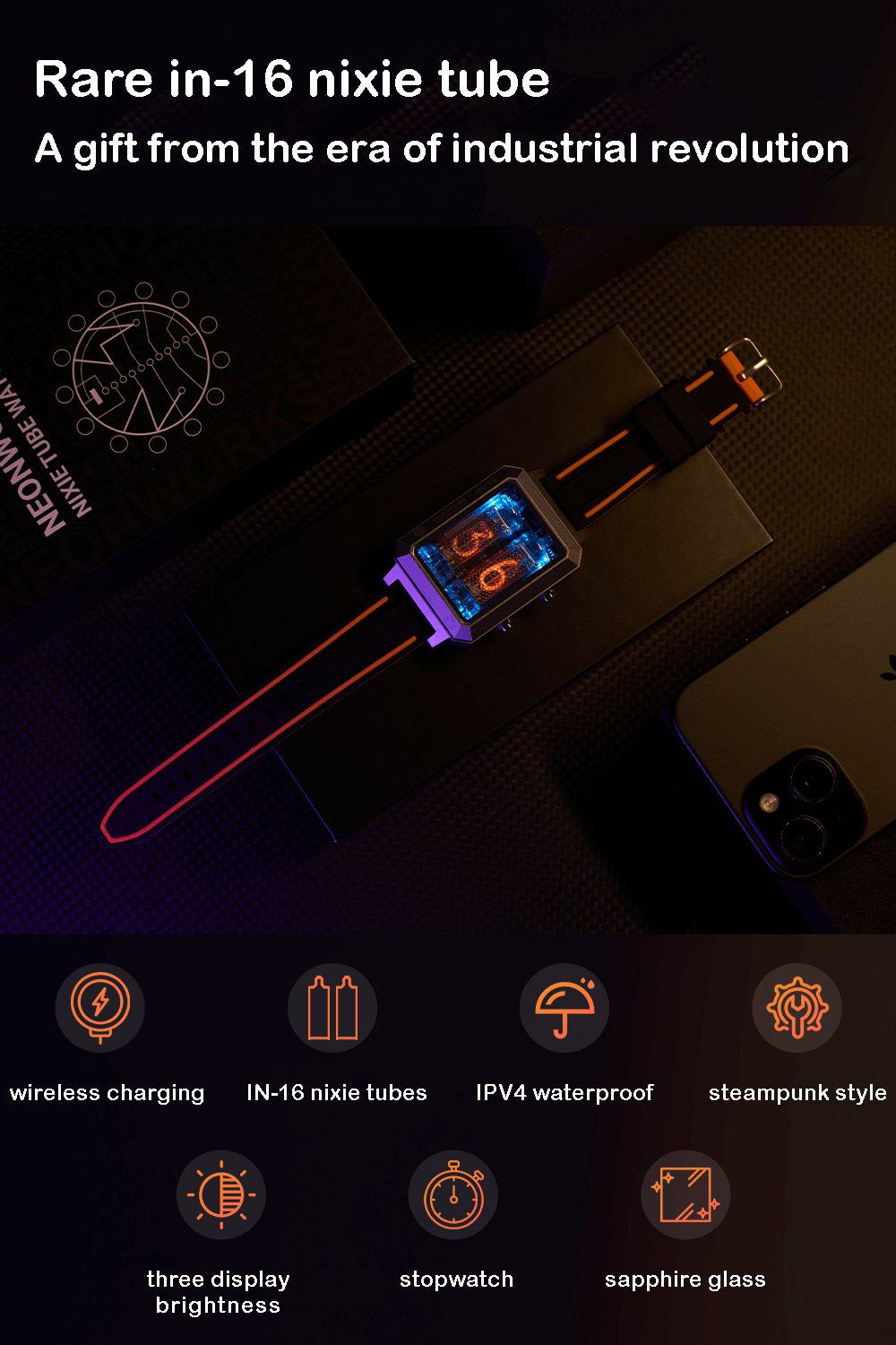 CYBERPUNK IN-16 Nixie Tube Watch – Hour & Minute Display with Wireless Charging