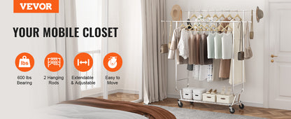 VEVOR Heavy Duty Garment Rack – Adjustable Length Clothes Rack with Bottom Shelf & Wheels for Laundry Room