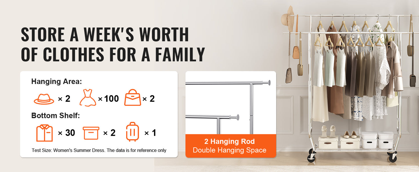 VEVOR Heavy Duty Garment Rack – Adjustable Length Clothes Rack with Bottom Shelf & Wheels for Laundry Room