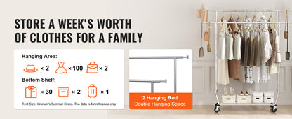 VEVOR Heavy Duty Garment Rack – Adjustable Length Clothes Rack with Bottom Shelf & Wheels for Laundry Room