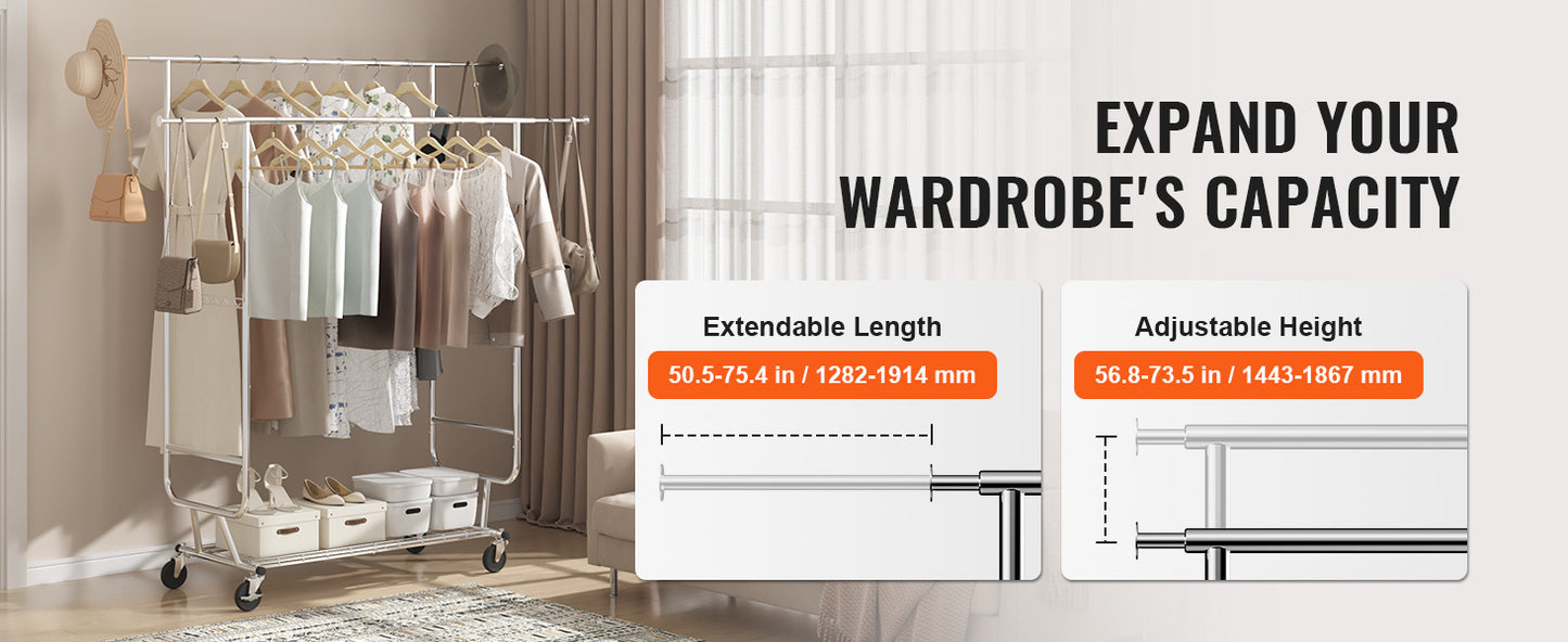 VEVOR Heavy Duty Garment Rack – Adjustable Length Clothes Rack with Bottom Shelf & Wheels for Laundry Room