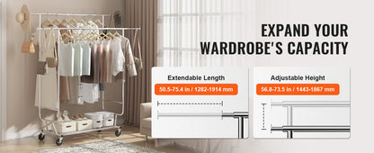 VEVOR Heavy Duty Garment Rack – Adjustable Length Clothes Rack with Bottom Shelf & Wheels for Laundry Room