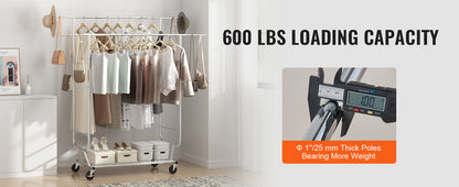 VEVOR Heavy Duty Garment Rack – Adjustable Length Clothes Rack with Bottom Shelf & Wheels for Laundry Room