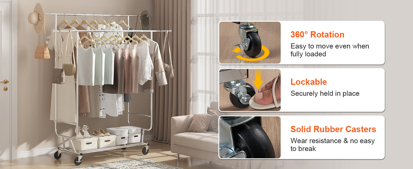 VEVOR Heavy Duty Garment Rack – Adjustable Length Clothes Rack with Bottom Shelf & Wheels for Laundry Room