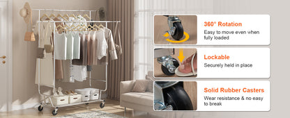 VEVOR Heavy Duty Garment Rack – Adjustable Length Clothes Rack with Bottom Shelf & Wheels for Laundry Room