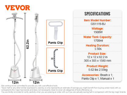 VEVOR Standing Garment Steamer with Foldable Hanger - 0.5 Gallon Tank for 90-Minute Continuous Home Steam Cleaning