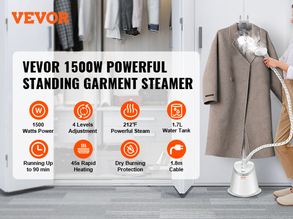 VEVOR Standing Garment Steamer with Foldable Hanger - 0.5 Gallon Tank for 90-Minute Continuous Home Steam Cleaning