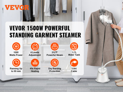 VEVOR Standing Garment Steamer with Foldable Hanger - 0.5 Gallon Tank for 90-Minute Continuous Home Steam Cleaning