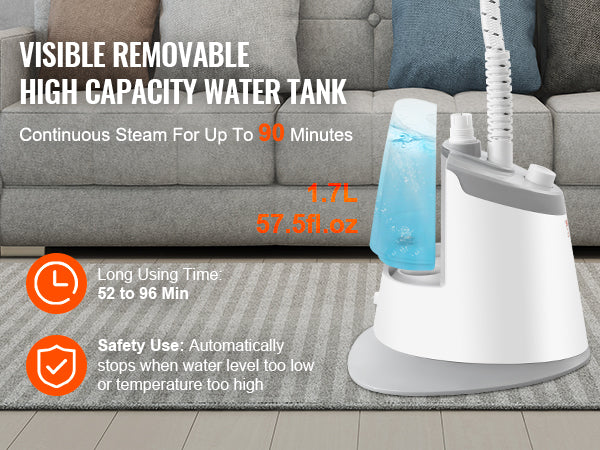 VEVOR Standing Garment Steamer with Foldable Hanger - 0.5 Gallon Tank for 90-Minute Continuous Home Steam Cleaning