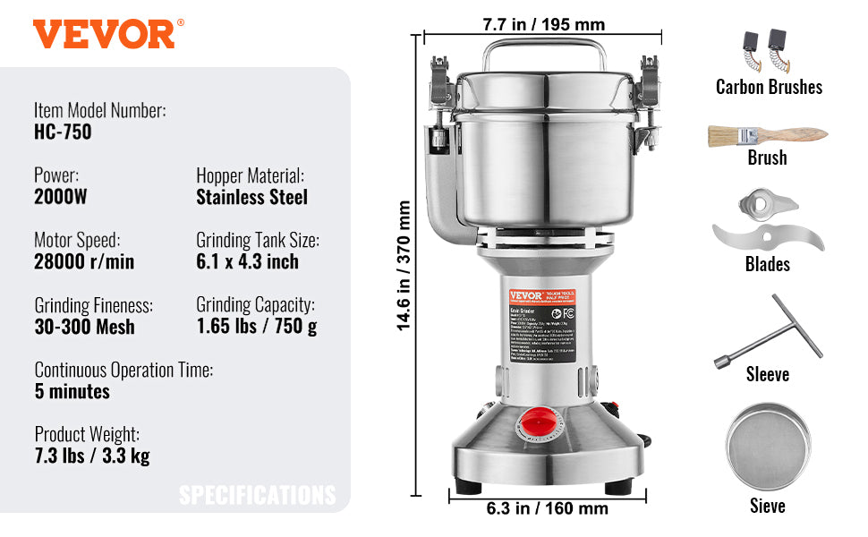 SucceBuy 150-2500g Electric Grain Mill Grinder – Commercial Spice & Herb Grinder for Coffee, Corn & Cereals