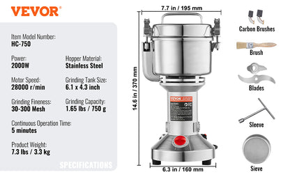 SucceBuy 150-2500g Electric Grain Mill Grinder – Commercial Spice & Herb Grinder for Coffee, Corn & Cereals