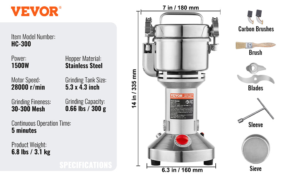 SucceBuy 150-2500g Electric Grain Mill Grinder – Commercial Spice & Herb Grinder for Coffee, Corn & Cereals