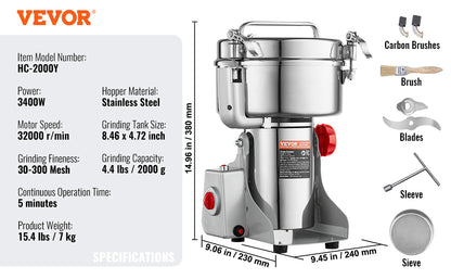 SucceBuy 150-2500g Electric Grain Mill Grinder – Commercial Spice & Herb Grinder for Coffee, Corn & Cereals