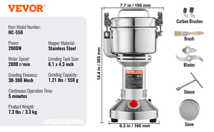 SucceBuy 150-2500g Electric Grain Mill Grinder – Commercial Spice & Herb Grinder for Coffee, Corn & Cereals