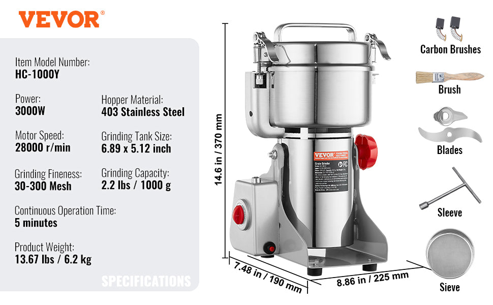 SucceBuy 150-2500g Electric Grain Mill Grinder – Commercial Spice & Herb Grinder for Coffee, Corn & Cereals