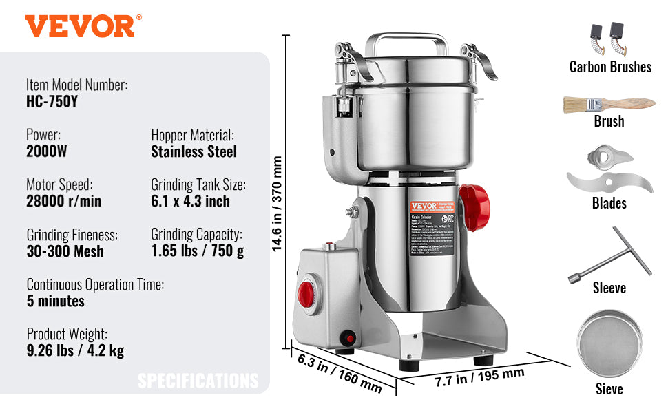 SucceBuy 150-2500g Electric Grain Mill Grinder – Commercial Spice & Herb Grinder for Coffee, Corn & Cereals