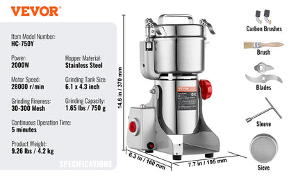SucceBuy 150-2500g Electric Grain Mill Grinder – Commercial Spice & Herb Grinder for Coffee, Corn & Cereals