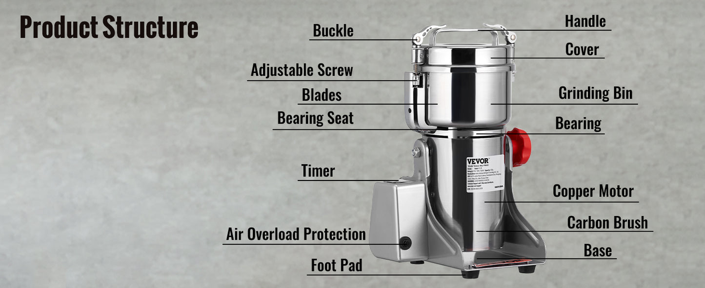 SucceBuy 150-2500g Electric Grain Mill Grinder – Commercial Spice & Herb Grinder for Coffee, Corn & Cereals