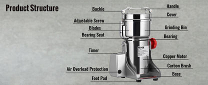 SucceBuy 150-2500g Electric Grain Mill Grinder – Commercial Spice & Herb Grinder for Coffee, Corn & Cereals