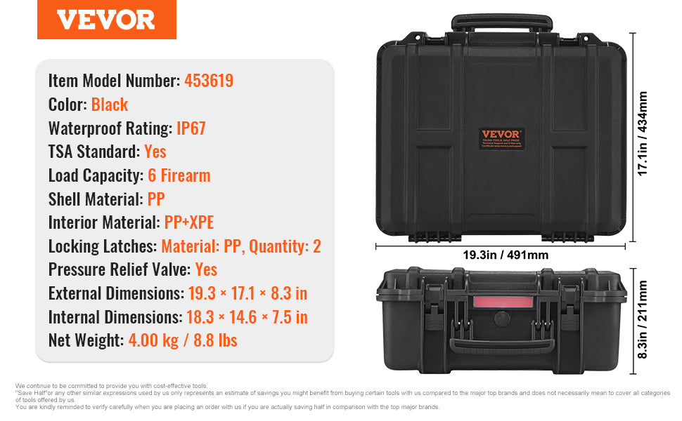 VEVOR Hard Pistol Case — Waterproof Dustproof Lockable Gun Case with Pre-Cut PU Foam for 1/2/5/6 Pistols
