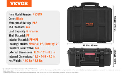 VEVOR Hard Pistol Case — Waterproof Dustproof Lockable Gun Case with Pre-Cut PU Foam for 1/2/5/6 Pistols