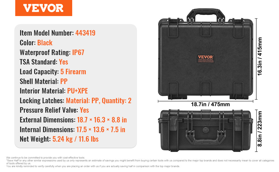 VEVOR Hard Pistol Case — Waterproof Dustproof Lockable Gun Case with Pre-Cut PU Foam for 1/2/5/6 Pistols