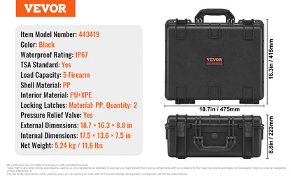 VEVOR Hard Pistol Case — Waterproof Dustproof Lockable Gun Case with Pre-Cut PU Foam for 1/2/5/6 Pistols