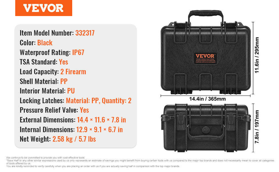 VEVOR Hard Pistol Case — Waterproof Dustproof Lockable Gun Case with Pre-Cut PU Foam for 1/2/5/6 Pistols
