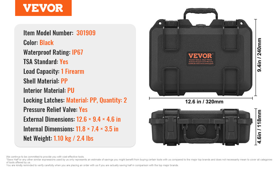 VEVOR Hard Pistol Case — Waterproof Dustproof Lockable Gun Case with Pre-Cut PU Foam for 1/2/5/6 Pistols