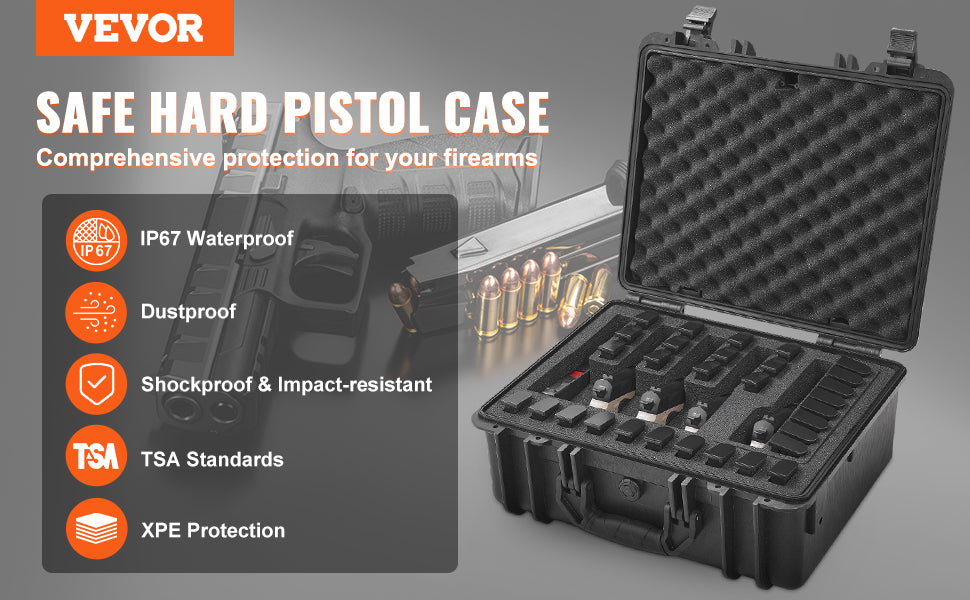 VEVOR Hard Pistol Case — Waterproof Dustproof Lockable Gun Case with Pre-Cut PU Foam for 1/2/5/6 Pistols