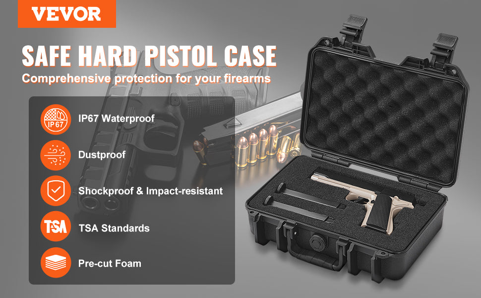 VEVOR Hard Pistol Case — Waterproof Dustproof Lockable Gun Case with Pre-Cut PU Foam for 1/2/5/6 Pistols