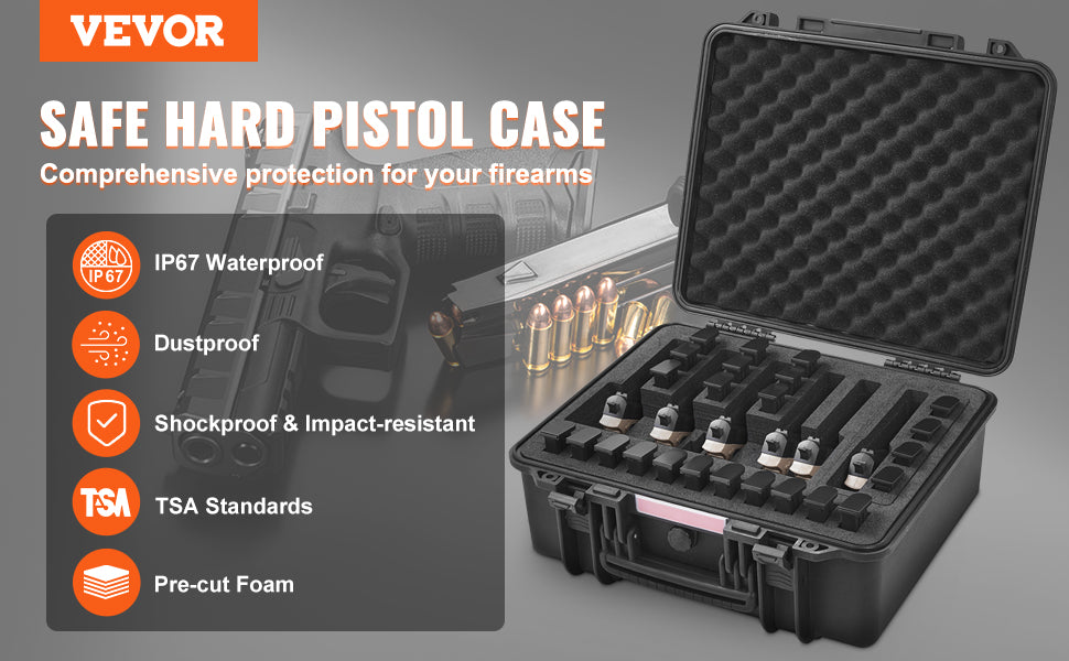 VEVOR Hard Pistol Case — Waterproof Dustproof Lockable Gun Case with Pre-Cut PU Foam for 1/2/5/6 Pistols
