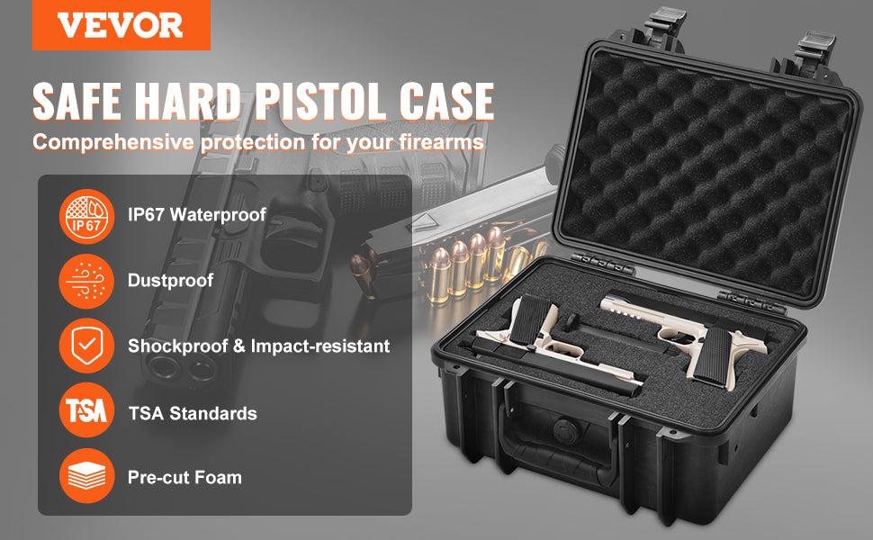 VEVOR Hard Pistol Case — Waterproof Dustproof Lockable Gun Case with Pre-Cut PU Foam for 1/2/5/6 Pistols
