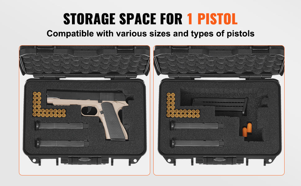 VEVOR Hard Pistol Case — Waterproof Dustproof Lockable Gun Case with Pre-Cut PU Foam for 1/2/5/6 Pistols