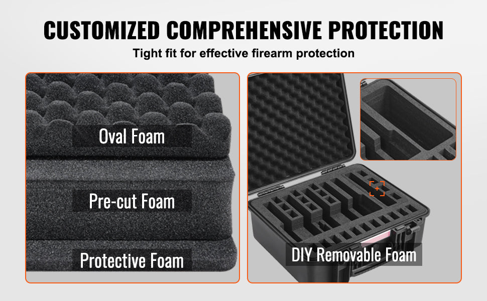 VEVOR Hard Pistol Case — Waterproof Dustproof Lockable Gun Case with Pre-Cut PU Foam for 1/2/5/6 Pistols