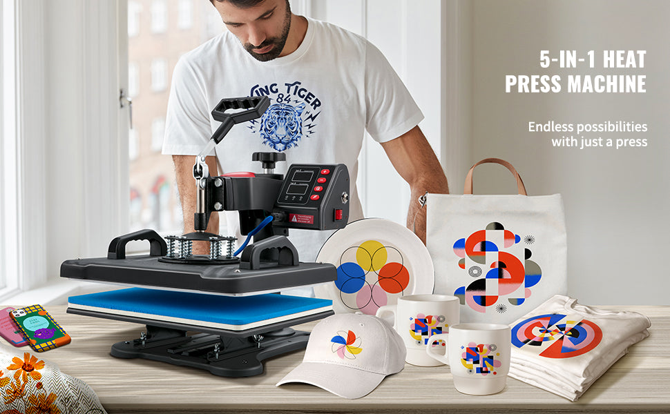 SucceBuy 5-in-1 Heat Press Machine – 12x15in Clamshell Sublimation Printer with Digital Temperature Control