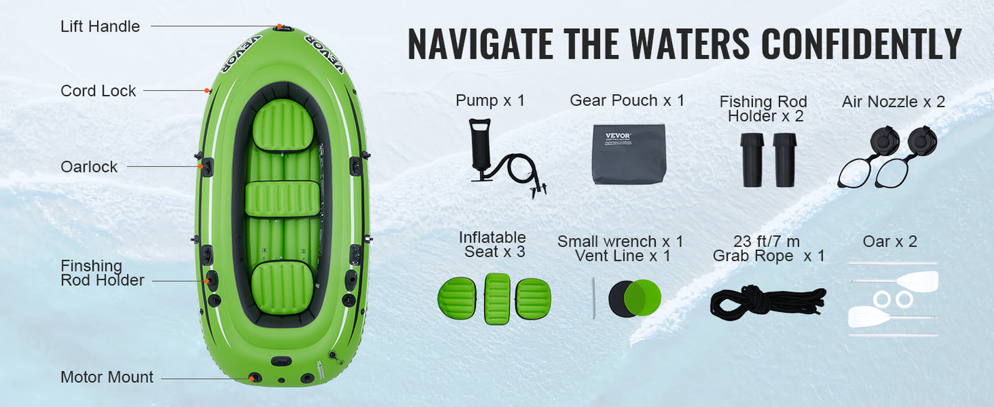 VEVOR 4-Person Inflatable Fishing Boat – Durable PVC Raft Kayak with 45.6" Aluminum Oars & High-Output Pump