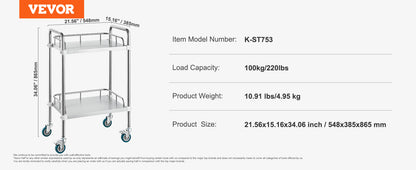 VEVOR 2-Shelf Stainless Steel Rolling Lab Cart – Utility & Serving Cart for Clinic, Laboratory, Hospital & Salon