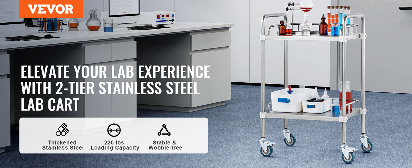 VEVOR 2-Shelf Stainless Steel Rolling Lab Cart – Utility & Serving Cart for Clinic, Laboratory, Hospital & Salon