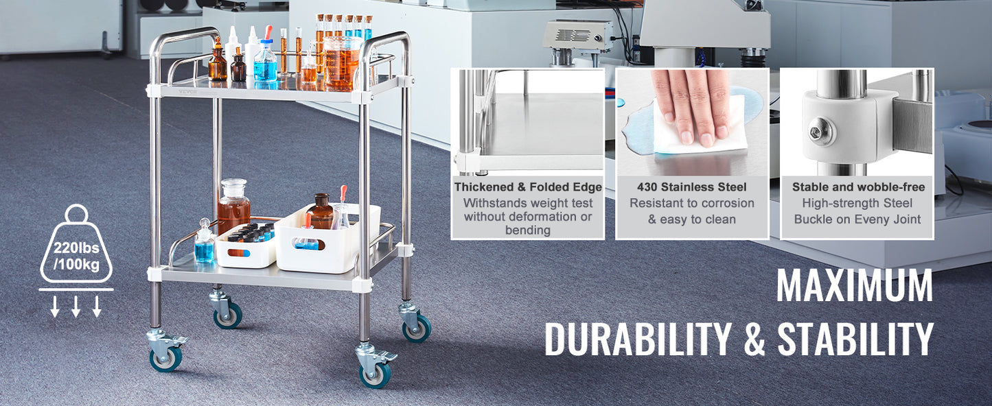 VEVOR 2-Shelf Stainless Steel Rolling Lab Cart – Utility & Serving Cart for Clinic, Laboratory, Hospital & Salon