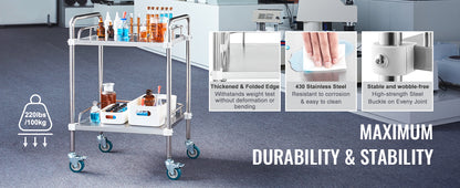 VEVOR 2-Shelf Stainless Steel Rolling Lab Cart – Utility & Serving Cart for Clinic, Laboratory, Hospital & Salon