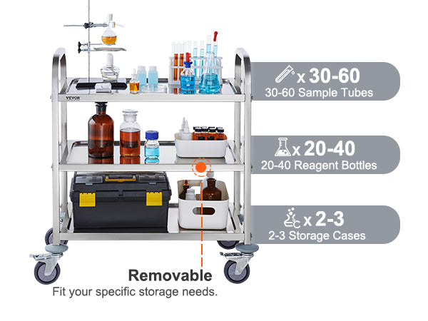 VEVOR Stainless Steel Lab Utility Cart – 1/2/3 Tier Medical & Kitchen Cart with Lockable Wheels