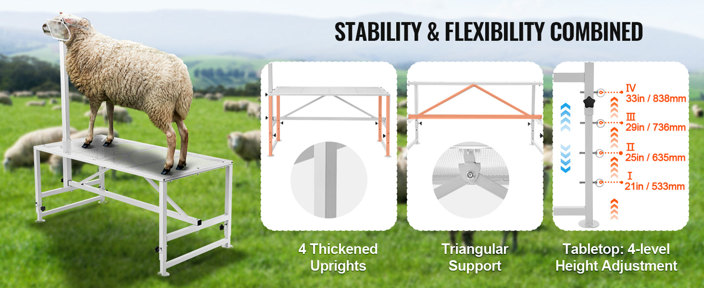 VEVOR Adjustable Goat & Sheep Milking Stand — 51x23 in Metal Livestock Shearing & Milking Platform, 21"-33" Height, White