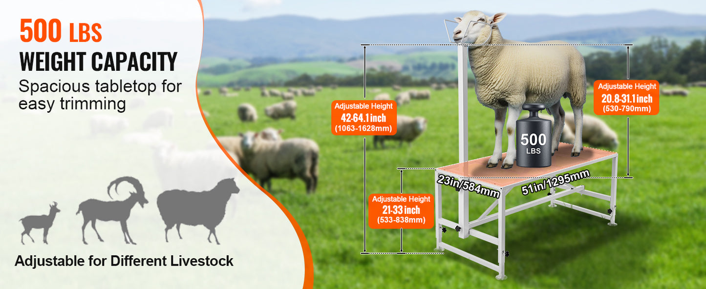 VEVOR Adjustable Goat & Sheep Milking Stand — 51x23 in Metal Livestock Shearing & Milking Platform, 21"-33" Height, White