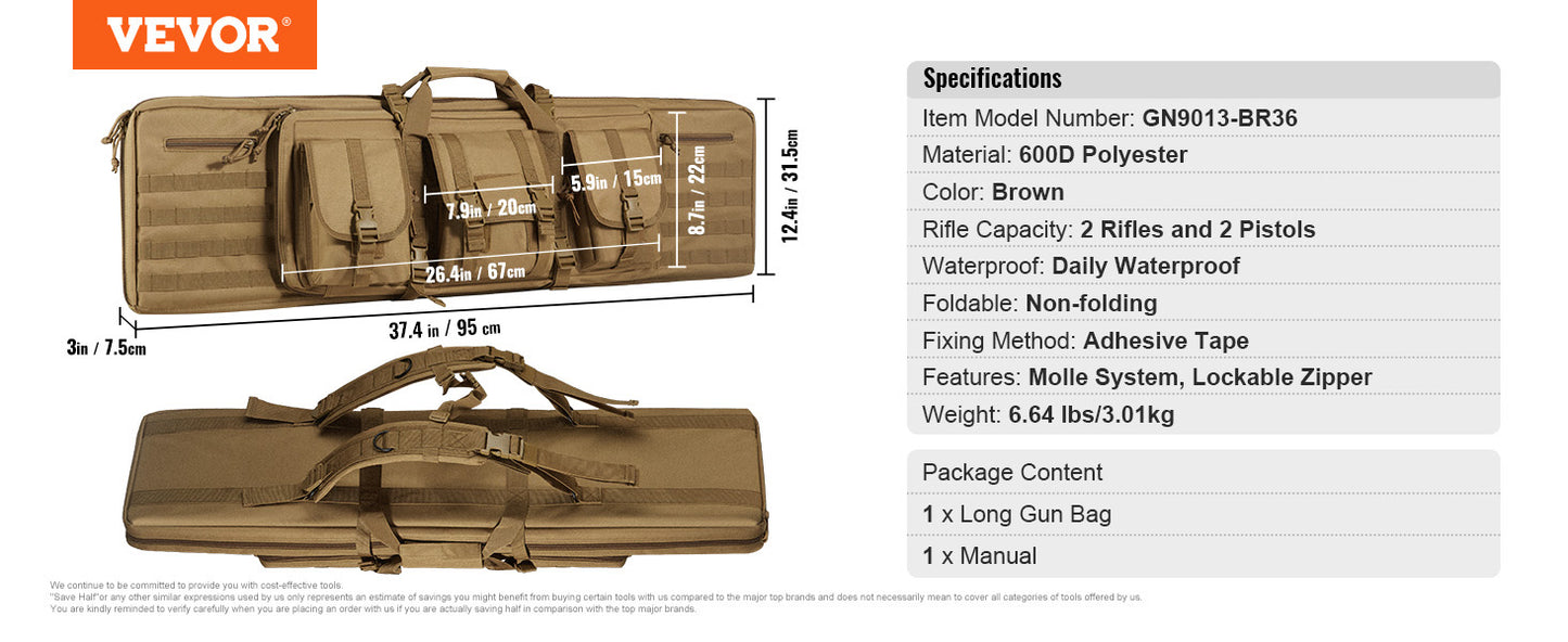 VEVOR Tactical Double Rifle Bag – 36/42" Soft Gun Case with Lockable Zipper for Two Rifles & Pistols